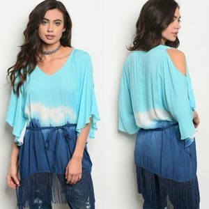 Blue Tie Dye Cold Shoulder Top